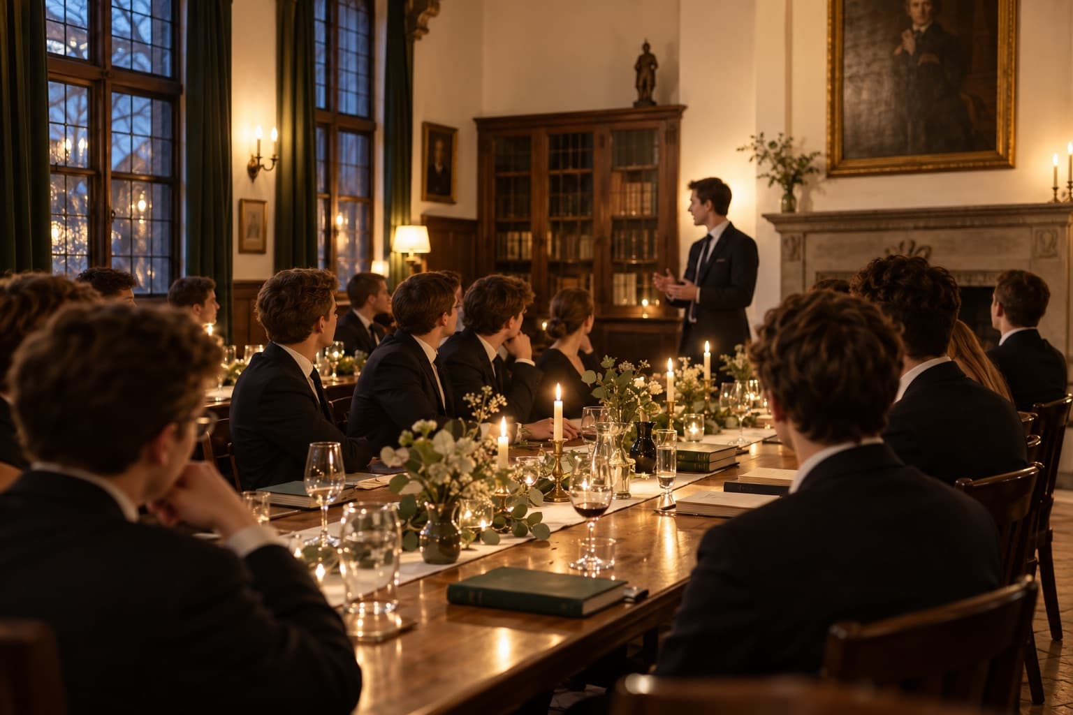 Fiktiver Kneipenabend mit Vortrag an einer langen Tafel