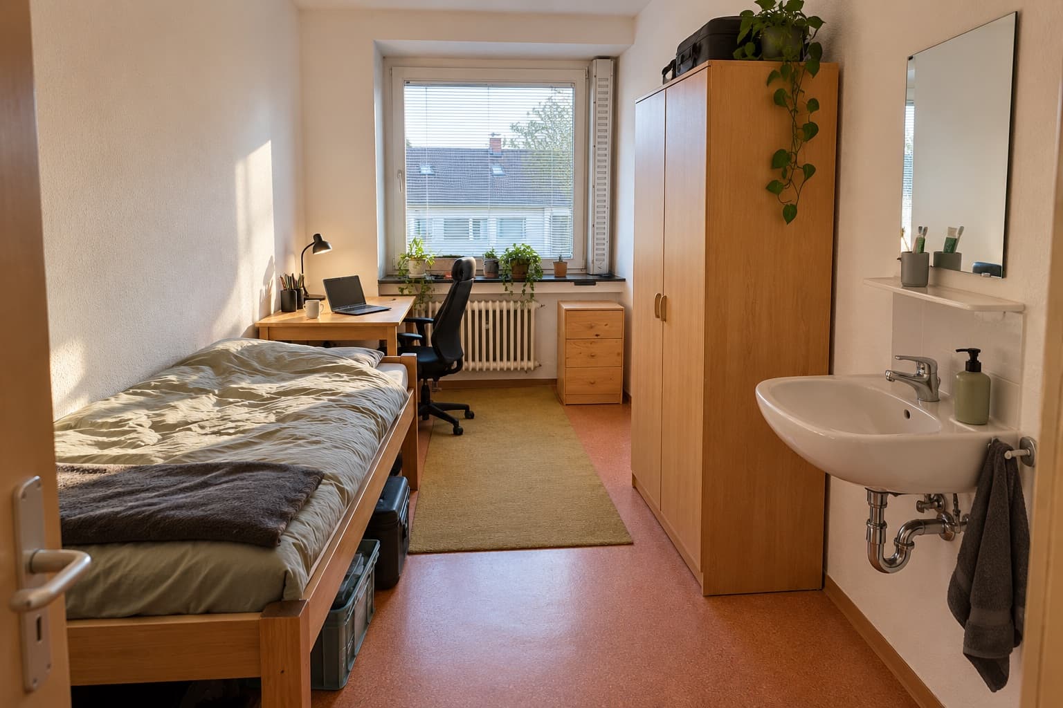 KI-generiertes Beispiel eines schmalen Studentenzimmers mit Einzelbett, Schreibtisch und Waschbecken