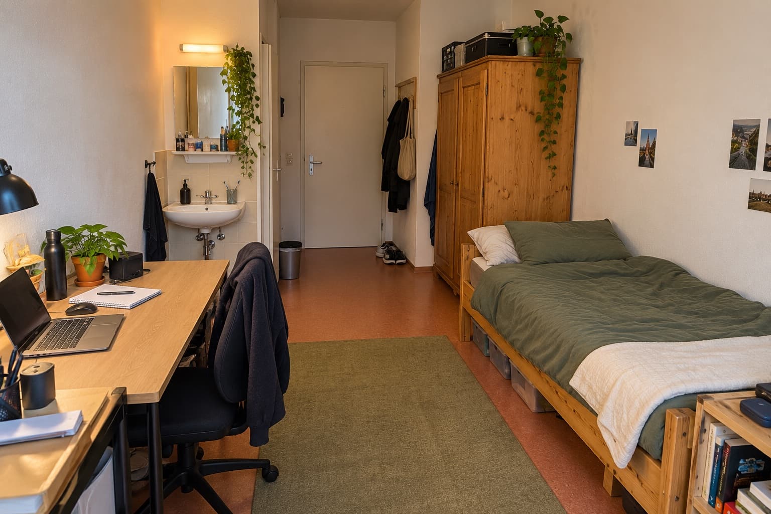 KI-generierte zweite Perspektive eines schmalen Studentenzimmers mit Waschbecken, Bett und Schreibtisch